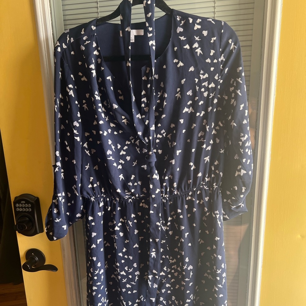 DR2 Navy & White | Dress V-Neck | 3/4 Sleeve Knee Length Lined Sz L Chiffon